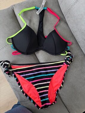 Victoria's Secret Black Push-Up Bikini with Neon Trim and Multicolor Stripes